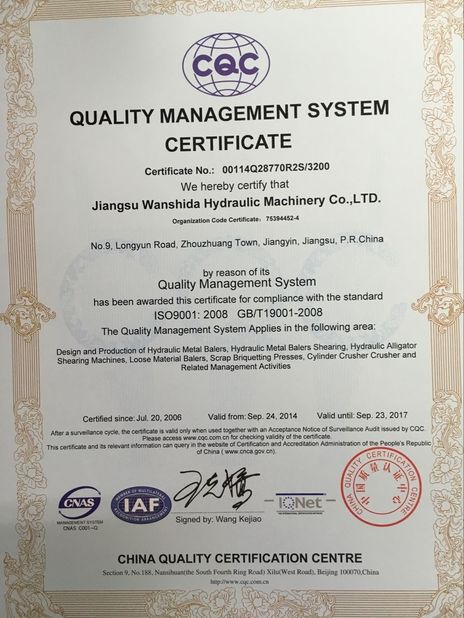 CHINA Jiangsu Wanshida Hydraulic Machinery Co., Ltd certificaten