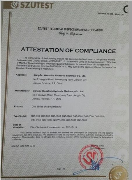 China Jiangsu Wanshida Hydraulic Machinery Co., Ltd certificaten
